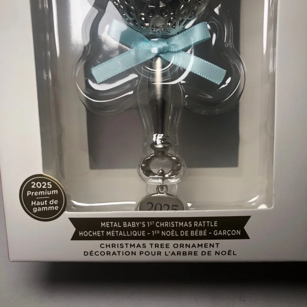 2025 Baby's First Christmas Ornament Hallmark Sliver Rattle Blue Bow Boy